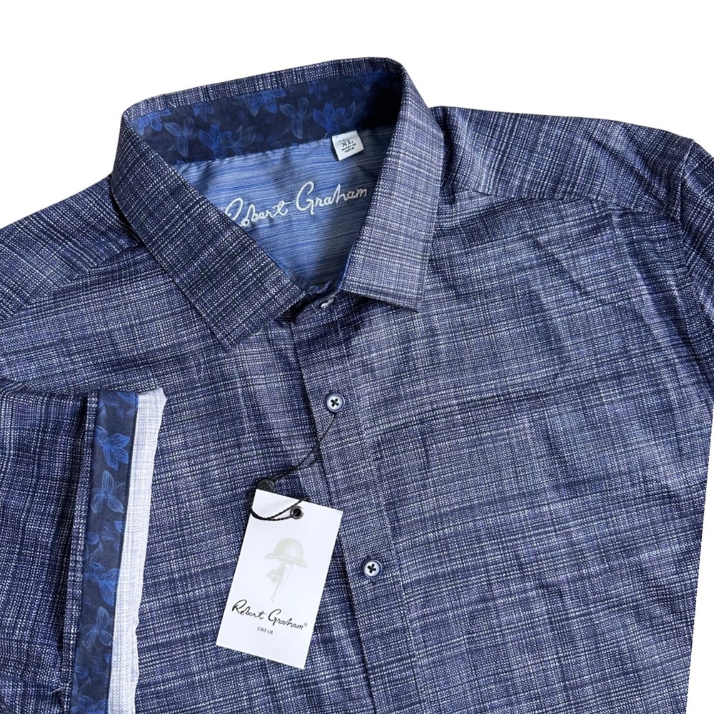 Robert Graham Roth Blue Textured Short Sleeve Button Down Shirt XL NEW Cottom
